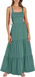 long teal color dress perfect for a casual dinner at the resort