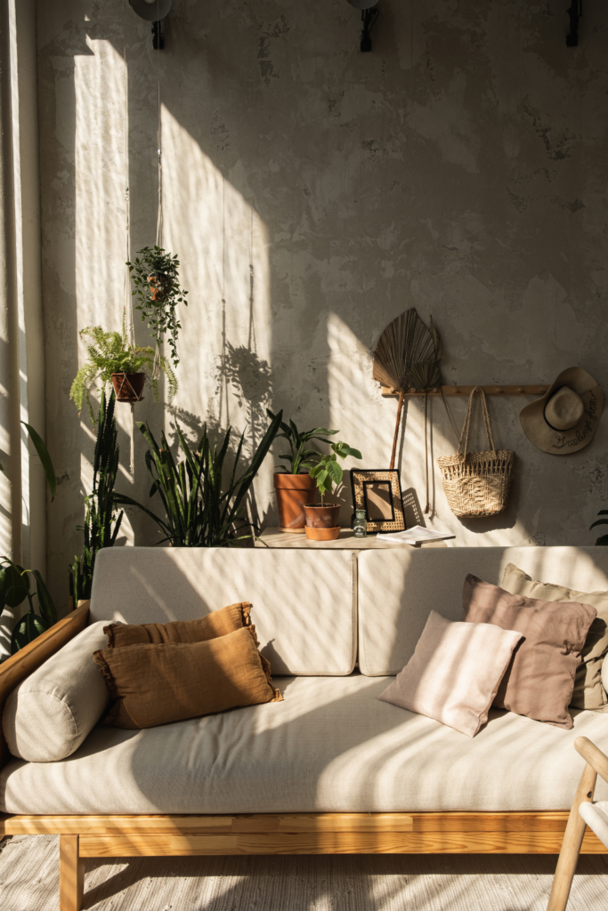 Gray boho living room idea with wood accents